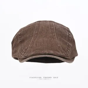 Vintage washed denim flat cap for men and women, classic retro ivy newsboy hat casual wear.