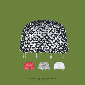 Women Retro Hollow Out Sequin Beanie Hat Handmade Crocheted Knit Skull Cap Summer Autumn Fashion Headwear