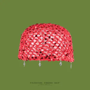 Red sequin crochet beanie hat handmade knit hollow out headwear for women summer autumn