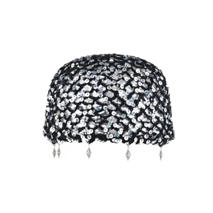 Retro hollow black sequin crochet knit beanie hat for women, stylish vintage skull cap.