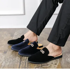Men's velvet slip-on mules casual loafers shoes comfortable versatile footwear detail view.