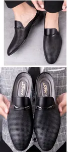 Men summer genuine leather breathable casual backless mules slip-on loafers shoes black