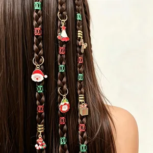 Close-up detail of Christmas dreadlock hair rings cuffs and alloy pendants for festive braids.