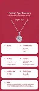 Moissanite necklace pendant detail view, S925 sterling silver material with 18k gold plating.