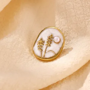 Exquisite 18k gold plated stainless steel oval brooch featuring white oil drop floral and pearl inlay.