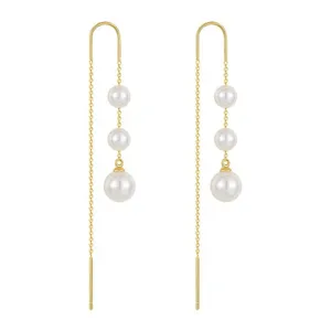 Elegant gold long chain ear threads featuring three simulated pearls, perfect for daily wear.