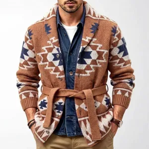 Herren Vintage American Retro Aztec Jacquard Strickjacke Pullover Jacke Mit Gürtel Reverskragen Warmes Dickes Top