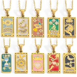 Collar con Colgante de Carta de Tarot Vintage Oro Acero Inoxidable 304 Strass Sol Luna Estrella El Mundo Joyas Estéticas Mujeres Hombres