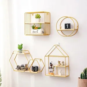 Nordic Iron Wall Mounted Shelf Geometric Gold Black Metal Storage Rack For Living Room Bedroom Floating Shelf Home Decor