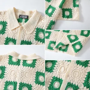 Detailed view of men granny square crochet knit polo shirt collar and texture close up.