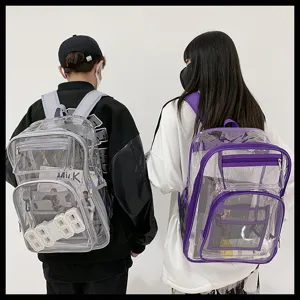 Clear PVC waterproof backpack detail view, large capacity school bag for students casual use.