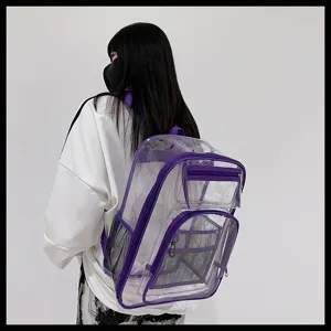 Transparent waterproof PVC backpack with purple trim, large capacity school bag detail.