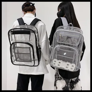 Clear PVC waterproof backpack detail view, casual school bag with multiple compartments and clock.