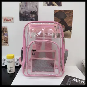 Transparent pink PVC backpack with large capacity, cute school bag for students and daily wear.