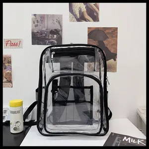 Clear waterproof PVC backpack for students, large capacity casual transparent school book bag.