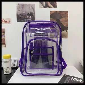 Transparent waterproof PVC backpack for students, casual large capacity clear school bag style.