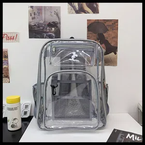 Clear PVC backpack with grey trim and multiple mesh pockets, stylish and waterproof daily bag.