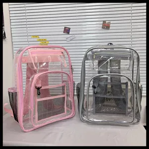 Transparent PVC waterproof double shoulder backpack detail, large capacity school bag view.