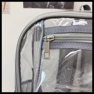 Transparent backpack detail view, featuring clear PVC material, grey zipper, and neat stitching.
