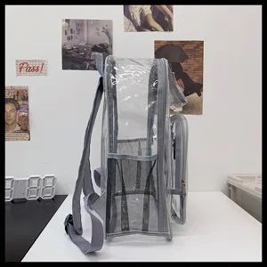 Clear PVC backpack with side mesh pocket, stylish transparent school book bag for daily use.
