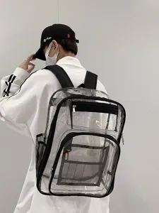 Transparent waterproof PVC backpack for students, large capacity casual daypack bag.