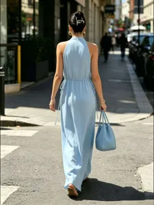 Καλοκαιρινό casual halter μάξι φόρεμα με κορδόνι στη μέση, κομψό ρούχο για διακοπές.