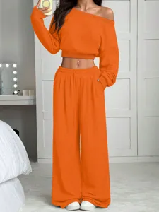 Lässiges Strickset schulterfreies Langarmshirt und weite Hose für Damen orange.