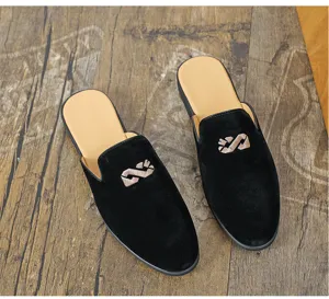 Men velvet slip-on half slippers casual closed-toe loafers with embroidered upper details