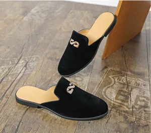 Men's black velvet slip-on mules casual backless loafers versatile flat shoes
