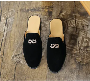 Men black velvet half slippers casual loafers stylish slip on shoes detailed top view display