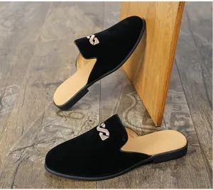 Men velvet half slippers slip on loafer casual shoes retro black comfortable footwear