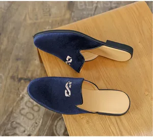 Stylish mens velvet backless loafers casual flat shoes with embroidery design for daily wear.