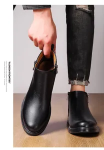 Herren schwarze Leder Chelsea Boots Detailansicht, stylische Retro Stiefeletten.