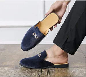 Men velvet slip on shoes casual business loafers comfortable backless mule footwear detail
