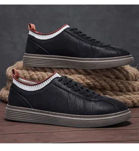 Men retro casual sneakers featuring black leather upper, knit collar and durable rubber sole.
