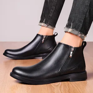 Herren Leder Chelsea Boots in Schwarz, stilvolle Retro Business Ankle Boots mit Reißverschluss.