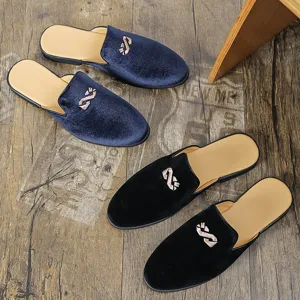 Men velvet slip-on mules comfortable casual loafers stylish embroidered backless house shoes