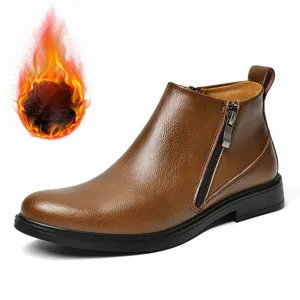Braune Herren Lederstiefel retro Winter Stiefeletten lässig Seitenreißverschluss Kurzstiefel