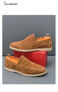 Men brown suede slip-on penny loafers casual dress shoes comfort driving footwear.