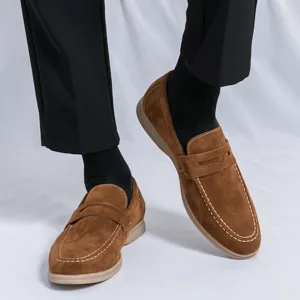 Men's brown suede slip-on loafer driving shoes casual comfortable footwear plus size.