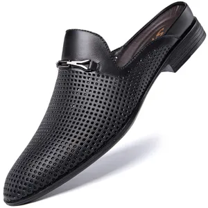 Men Casual Top Layer Cowhide Closed Toe Half Slippers British Style Breathable Summer Backless Mules Leather Shoes