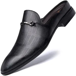 Men's premium black leather backless loafers casual slip-on shoes for summer wear