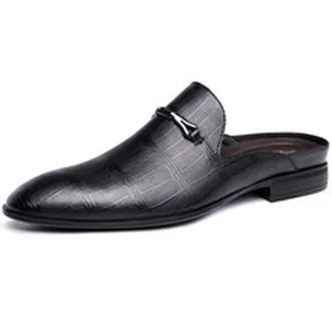 Men's black leather backless loafers casual mules shoes with metal buckle and croc pattern
