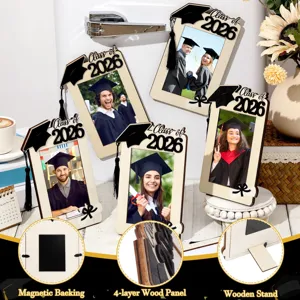 Graduation 2026 wooden photo frame detail view showing 4-layer wood panel and magnetic backing.