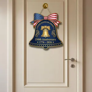 Independence Day wooden hanging plaque, patriotic bell door sign for 250th anniversary party.