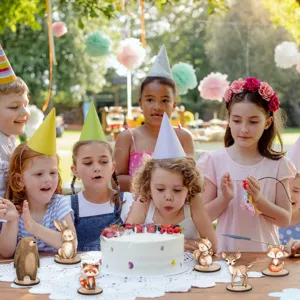 Wooden forest animal table decorations, cute cartoon bear and deer figures for kids birthday party.