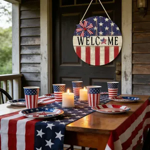 Rustic wooden welcome door sign with American flag pattern for 4th of July patriotic decor