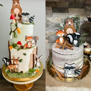 Woodland animal wooden cake toppers and decorations, perfect for forest birthday party crafts setup.