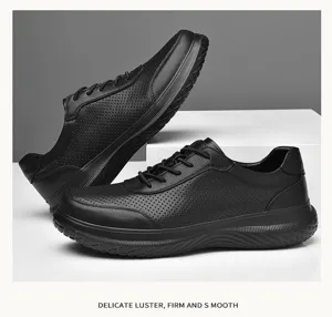 Zapatos casuales hombre de cuero vista detallada, negro cuero genuino transpirable calzado