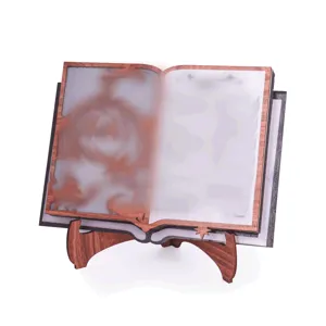 Wooden open book glowing desktop ornament display stand detail shot for creative holiday decor.